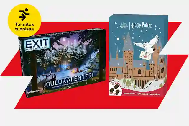 EXIT-pakohuonepeli joulukalenteri ja Harry Potter -joulukalenteri punaisella taustalla. Toimitus tunnissa -merkki.