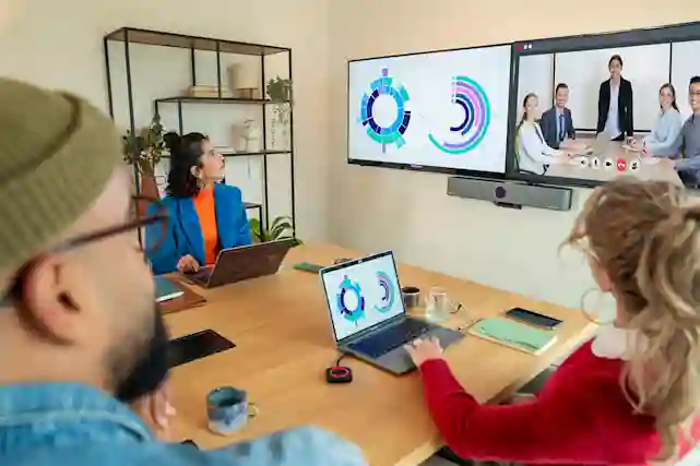 Barco Clickshare Bar ja Conference järjestelmät kokoustilassa, jossa kolme henkilöä katsoo näyttöä kohti