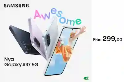 Samsung Galaxy A37 5G-smartphones i tre färger, en person hoppar på skärmen. Text Awesome. Från 299,00 euro.