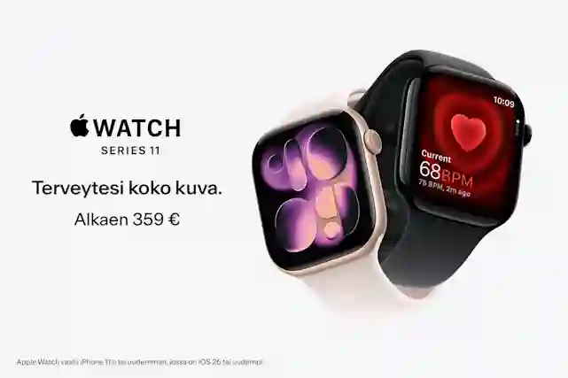 Apple Watch Series 11 -älykellojen mainos. Kuvassa kaksi kelloa eri väreissä. Teksti: 'Terveytesi koko kuva.' ja 'Alkaen 359 €'