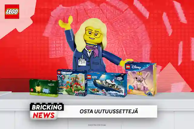 BREAKING NEWS! Osta LEGOn uutuussettejä. Tekstien yläpuolella LEGO-ukko, joka tiedottaa asiasta uutisankkurina.