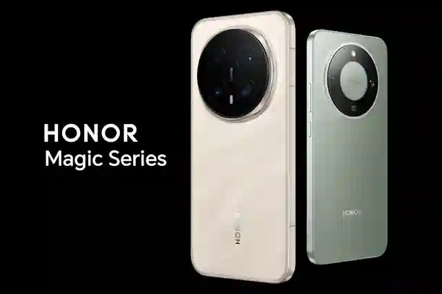 Two Honor Magic series smartphones, white and green, with circular camera modules on a black background.