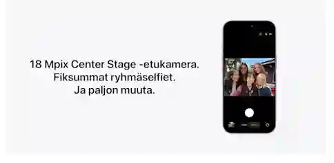 Smartphone against a light background, with a group selfie displayed in the camera interface. Text above reads "18 MP Center Stage front camera. Smarter group selfies. And much more."