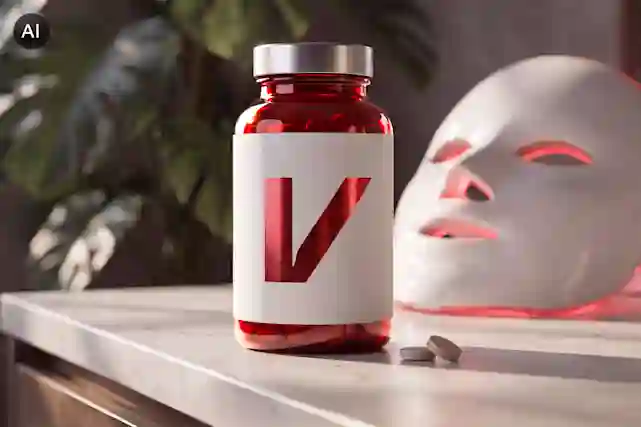 Punainen ravintolisäpurkki V-logolla ja LED-kasvonaamio kylpyhuoneen tasolla. AI-generoitu.