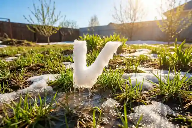 Keväisellä takapihalla sulaa lumi ja nurmikko tulee esille. Keskellä kuvaa sulaa V-logo, joka leijailee ilmassa.