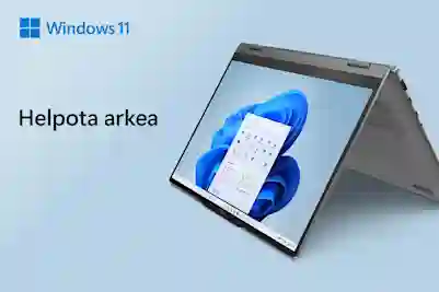 Windows 11 -logo. Vieressä teksti:"Helpota arkea", sekä 2-in-1 kannettava tietokone taitettuna.