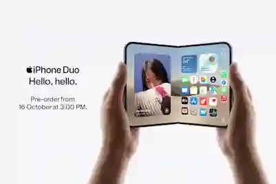 Hands holding a foldable-screen iPhone Duo phone. Text: Hello there. Pre-order available October 16 at 3:00 PM