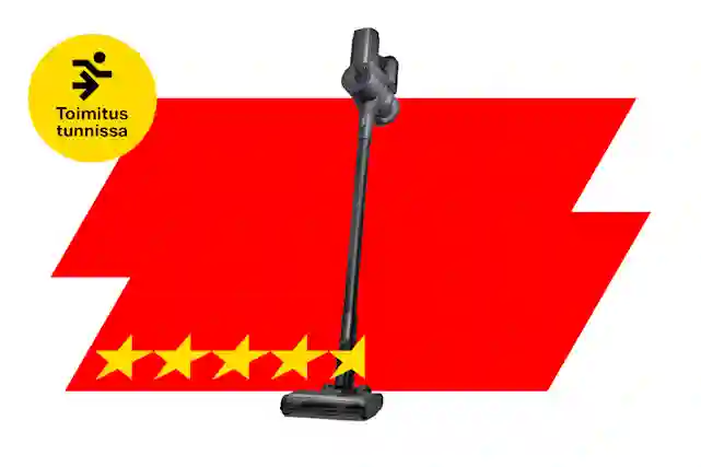 Ströme PowerClean Stark stick vacuum on a red background. On the left, a yellow attention badge reading 'Delivery in under an hour'. At the bottom, a star rating showing four and a half yellow stars.