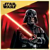 Darth Vader håller ett ljussvärd mot en röd och gul bakgrund. Star Wars-logotypen i övre vänstra hörnet.