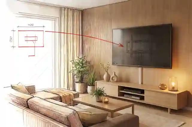 Olohuone, jossa televisio on asennettu seinälle mediatasojen yläpuolelle; kuvan vasemmalla puolella näkyy luonnosmainen hahmotelma mitoituksista ja nuoli, joka osoittaa suunnitellun asennuspaikan vastaavuutta valmiiseen TV-sijaintiin.