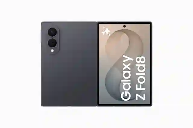 Samsung Galaxy Z Fold8 foldable smartphone in dark gray, with the model name and Galaxy AI icon on the display.
