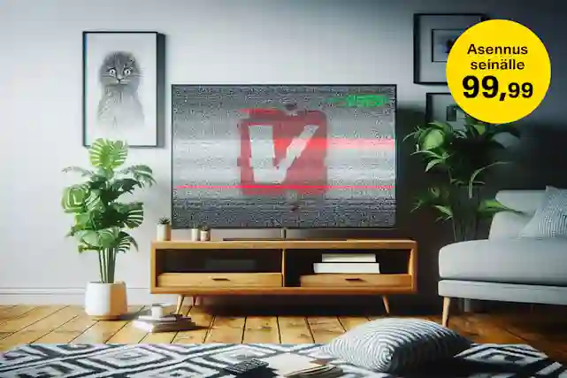 Televisiossa on V-logo häiriöiden keskellä. Verkkokauppa.comista löytyy televisiot ja antennit HD siirtymää varten.