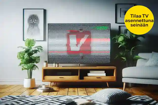 Televisiossa on V-logo häiriöiden keskellä. Verkkokauppa.comista löytyy televisiot ja antennit HD siirtymää varten.