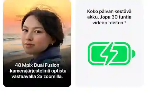 Woman on a beach at sunset. Text: 48 MP Dual Fusion camera system with optical equivalent 2x zoom, and battery icon for all-day battery life.