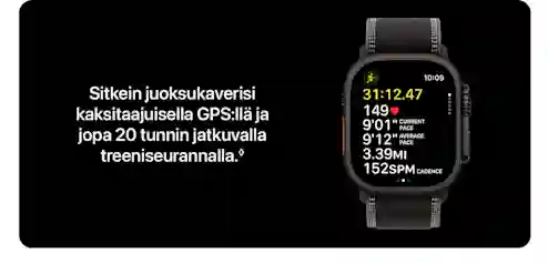En smartklocka visar löpdata: tid 31:12.47, puls 149, hastighet och distans. Text: Din mest uthålliga löparkompis med dual-band GPS.