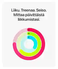 Apple Watchin aktiivisuusrenkaita kuvaava graafinen näkymä vaaleaa taustaa vasten. Kolme värillistä rengasta esittää päivittäistä liikkumista. Yläosassa teksti ”Liiku. Treenaa. Seiso. Mittaa päivittäistä liikkumistasi.”