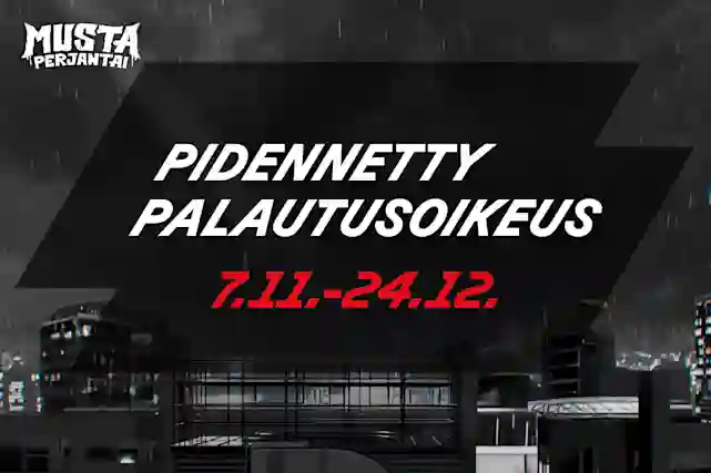 Teksti:"Pidennetty palautusoikeus 7.1.-24.12." Taustalla synkkä kaupunki maisema ja vieressä Musta Perjantai -logo.