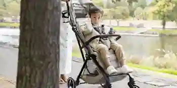 A child sits in a beige stroller on a park path, with a lake and green trees in the background.