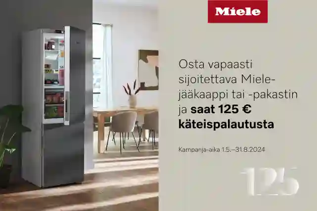 Miele-logo. Teksti:"Osta vapaasti sijoitettava Miele-jääkaappi tai -pakastin ja saat 125 € käteispalautusta. Kampanja-aika 1.5.-31.8.2024. Vieressä kuva Mielen-jääkaappipakastimesta keittiössä.