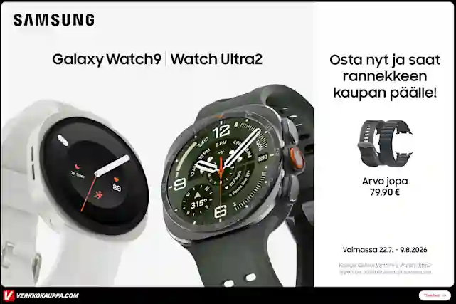Samsung Galaxy Watch9 ja Watch Ultra2 -älykellot. Osta nyt ja saat rannekkeen kaupan päälle, arvo 79,90 euroa.