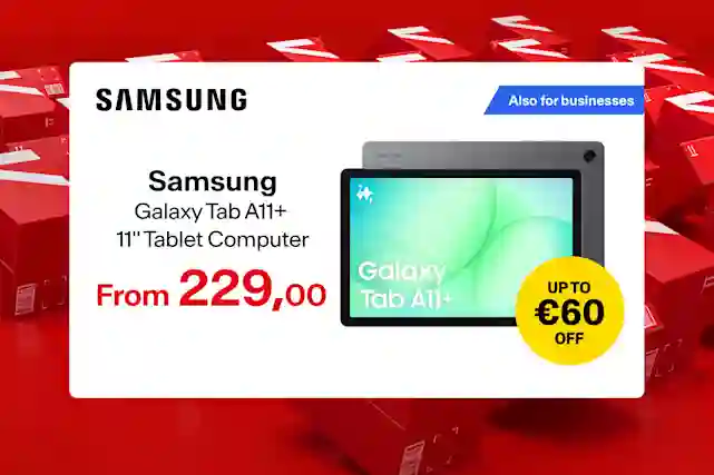 Samsung Galaxy Tab A11+ 11-inch tablet on a red background. Save up to €60, starting at €229.00.