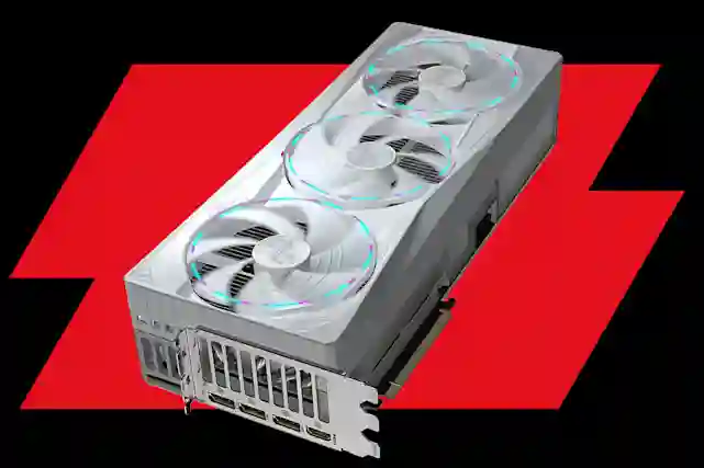 Gigabyte AORUS GeForce RTX 5090 MASTER ICE 32 Gt näytönohjain punaisen laatikkoyhdistelmän päällä ja tausta on täysin musta. Ostoksille!