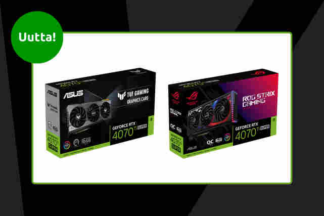 TUF Gaming GeForce RTX 4070 Ti SUPER -näytönohjain ja ROG Strix GeForce RTX 4070 Ti SUPER OC -näytönohjain. Yläpuolella vihreä pallura, jossa teksti:"Uutta!"