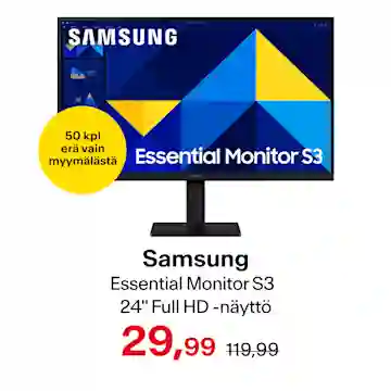 Samsung Essential Monitor S3 24" Full HD -näyttö 29,99 € (norm. 119,99 €) 50 kpl erä vain myymälästä!