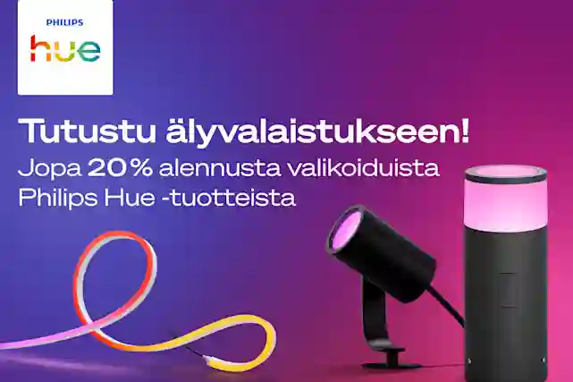Philips Hue älyvalaistusjärjestelmän mainoskuva. Teksti: Tutustu älyvalaistukseen! Jopa 20% alennusta valikoiduista Philips Hue -tuotteista.