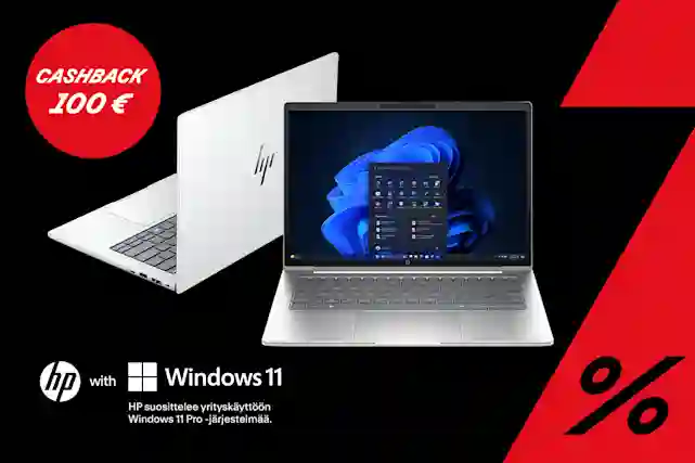Teksti:"Cashback - 100 € hyvityksen!". Kaksi HP:n uutta kannettavaa tietokonetta vierekkäin. Hp ja Windows11 -logot alapuolella.