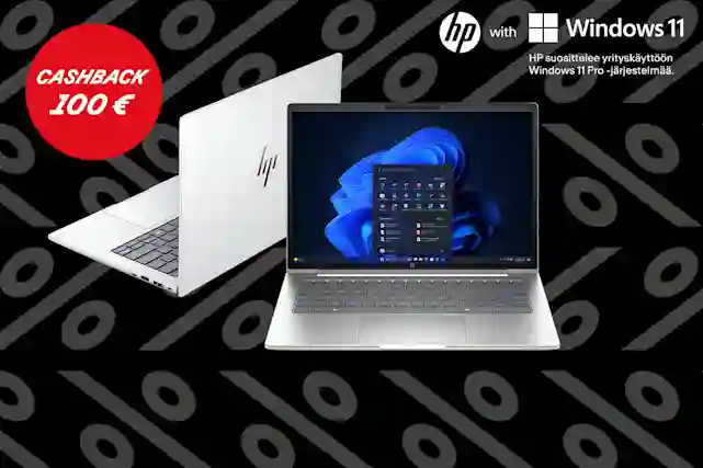 Teksti:"Cashback - 100 € hyvityksen!". Kaksi HP:n uutta kannettavaa tietokonetta vierekkäin. Hp ja Windows11 -logot yläpuolella. Taustalla paljon prosentti-logoja.