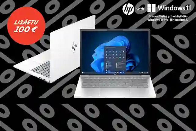 Teksti:"Cashback - 100 € lisäedun!" Kaksi HP:n uutta kannettavaa tietokonetta vierekkäin. Hp ja Windows11 -logot yläpuolella. Taustalla paljon prosentti-logoja.