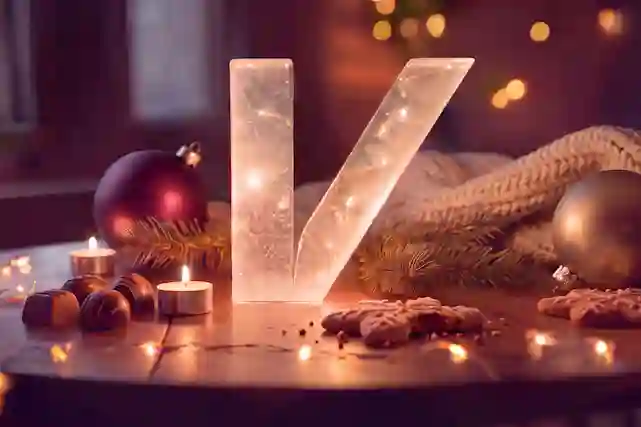 A Verkkokauppa.com V-logo Christmas decoration on a wooden table in a festive room. Delivered in under an hour!
