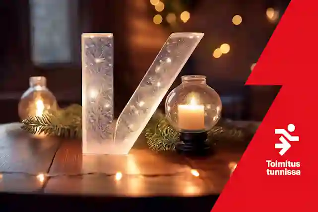 Puisella pöydällä Verkkokauppa.comin V-logon mallinen joulukoriste. Huoneessa muutakin koristelua. Toimitus tunnissa!