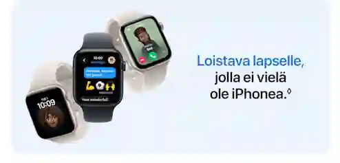 Tre Apple Watch visar meddelanden och samtal. Text: Perfekt för barn som inte har en iPhone än.