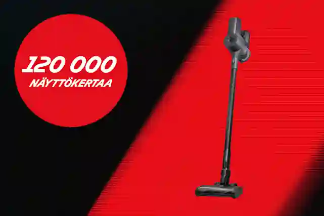 Kuvassa Ströme PowerClean Stark varsi-imuri ja vieressä pallura, jossa teksti:"120 000 näyttökertaa"!. Tutustu kampanjaan.