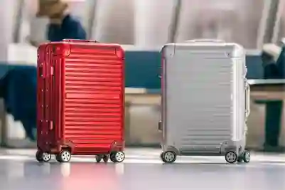 Punainen ja hopea matkalaukku lentokonetällä.