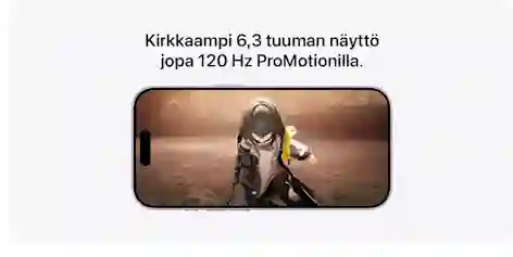 Smartphone with a screen displaying a game scene featuring a space character. Text: Brighter 6.3-inch display with up to 120Hz ProMotion.