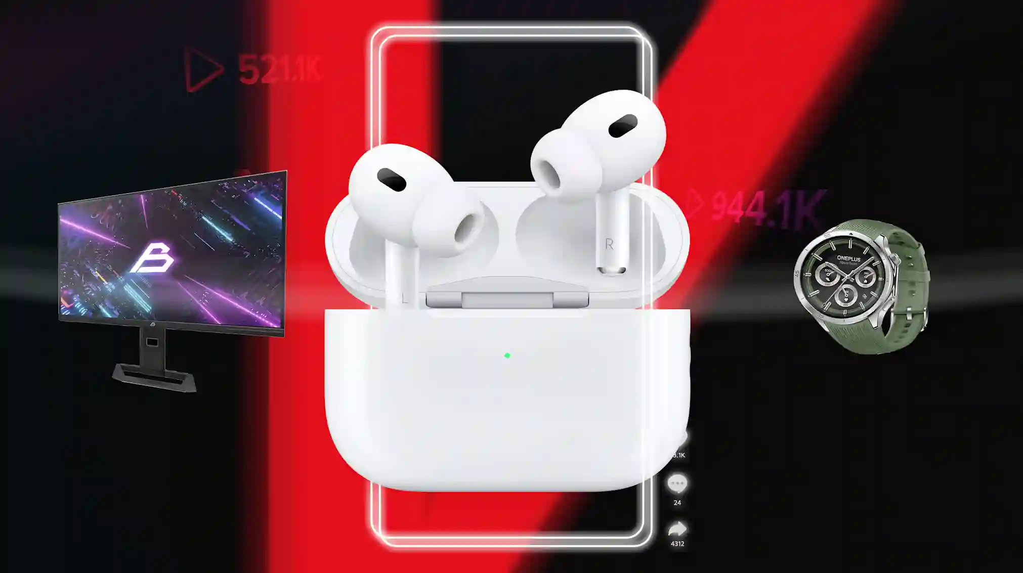 Apple Airpods 2 Pro -vastamelunappikuulokkeet tulevat näytöstä ulos. Taustalla punainen V-logo ja vieressä tykkäys, kommentoi ja jaa -nappulat.