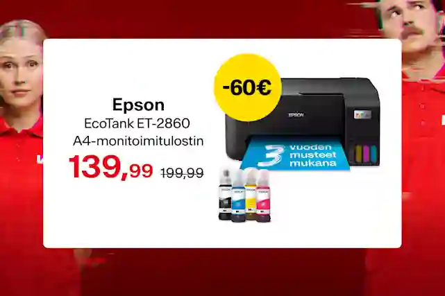 Epson EcoTank -tulostin nyt 139,99 €. Normaalisti 199,99 €.