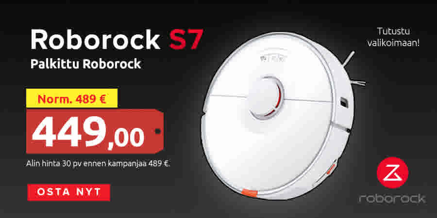 Palkittu Roborock S7 Norm. 489€ nyt 449,00€. Alin hinta 30pv ennen kampanjaa 489€. Osta nyt!