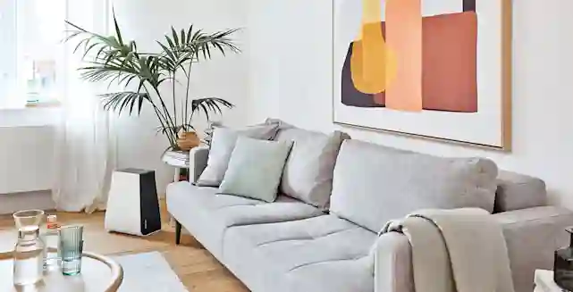 Stadler Formin George -ilmankostutin olohuoneen lattialla. Sen takana on huonekasvi ja vieressä sohva jonka yläpuolella taulu. Vasta päätä sohvapöytä, jonka päällä juomalaseja ja vesikannu.