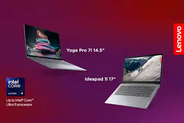 Kuvassa Lenovo Yoga Pro 7i 14,5" ja Ideapad 1i 17" kannettavat tietokoneet. Alakulmassa Intelin Core Ultra 9 logo.