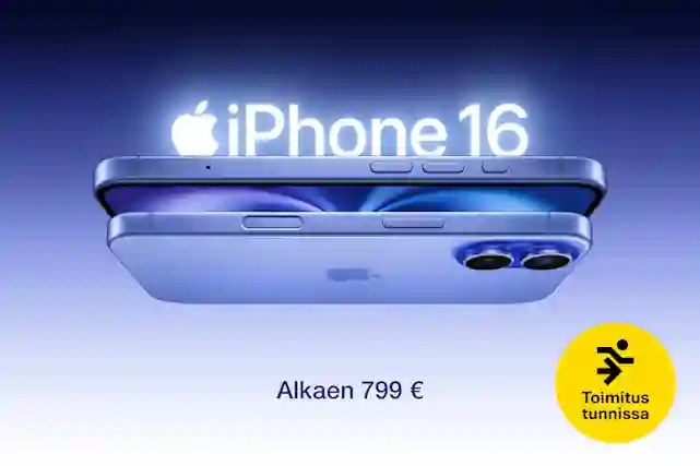 Apple iPhone 16. Tekstin alla kuva puhelimesta kahteen kertaan sivusta päin kuvattuina. Alkaen 799 €. Toimitus tunnissa!