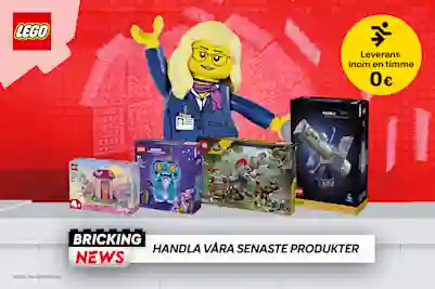 LEGO-figur och fyra LEGO-serieförpackningar på röd bakgrund. Leverans på en timme 0€. Bricking News - Köp nya set.