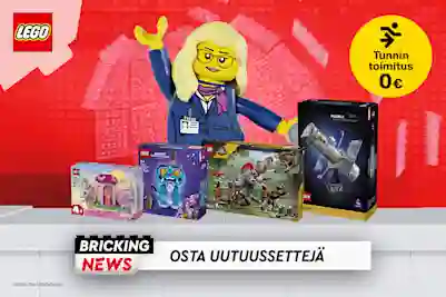 LEGO-hahmo ja neljä LEGO-sarjan pakkausta punaisella taustalla. Tunnin toimitus 0€. Bricking News - Osta uutuussettejä.