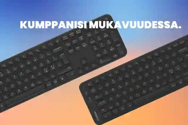 Three black keyboards on a blue-orange background. Text: YOUR PARTNER IN COMFORT.