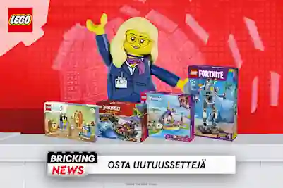LEGO-hahmo ja neljä LEGO-sarjan tuotelaatikkoa punaisella taustalla. Teksti: Bricking News - Osta uutuussettejä.