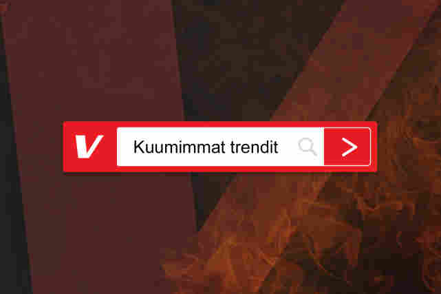 V-logo liekeissä ja päällä hakupalkki jossa teksti:"Kuumimmat trendit".