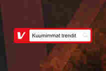 V-logo liekeissä ja päällä hakupalkki jossa teksti:"Kuumimmat trendit".